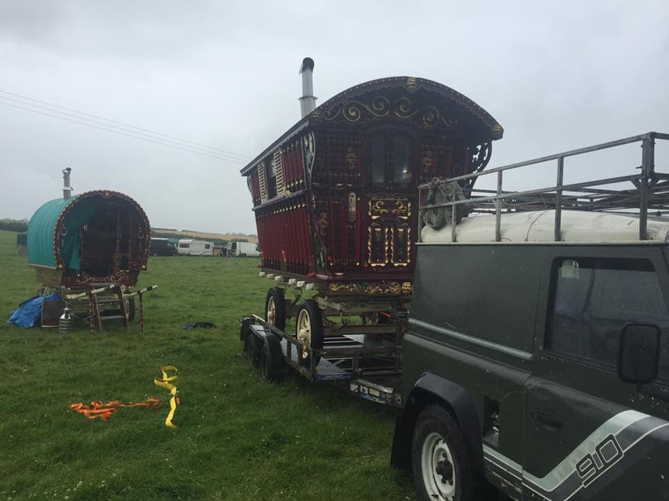 Decorated traditional showman's wagon prepared for transport